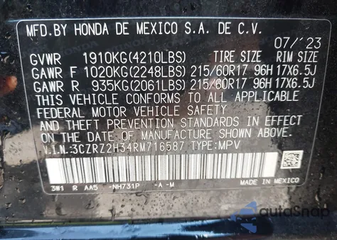 2024 Honda Hr-V Awd Lx из США, поврежденный, VIN 3CZRZ2H34RM716587